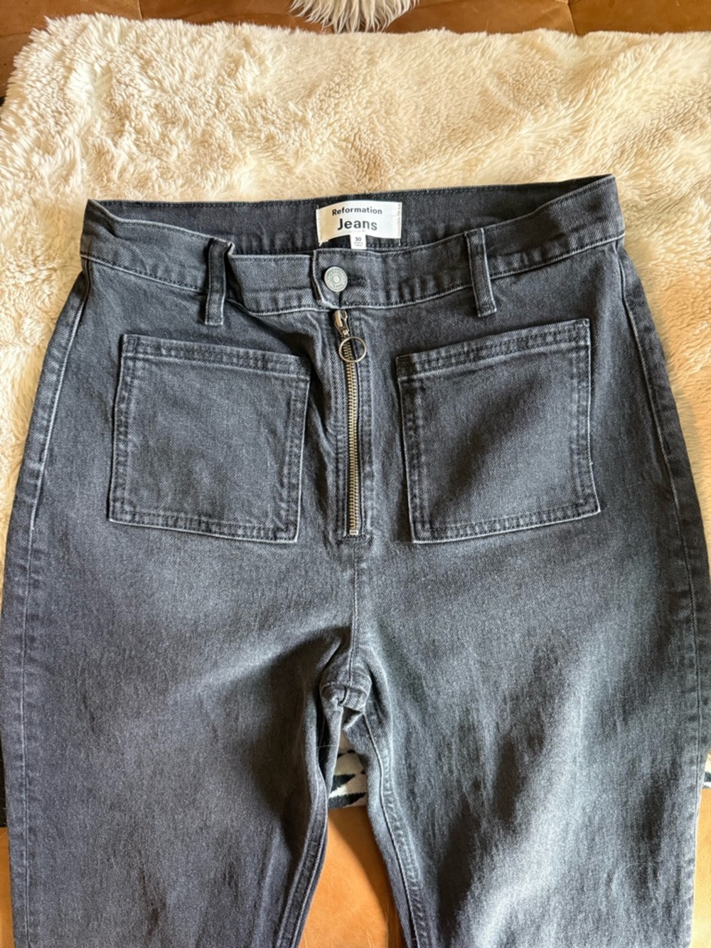 Reformation Black High-Rise Jeans with Front Patch Pockets and Center Zip